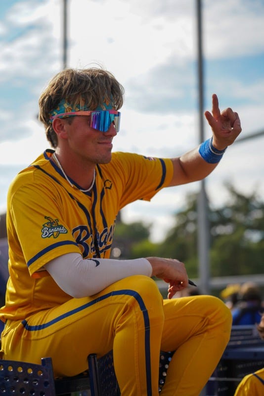 Savannah Banana player Jackson Olson at Dunkin' Donuts Park, Aug. 14, 2023.