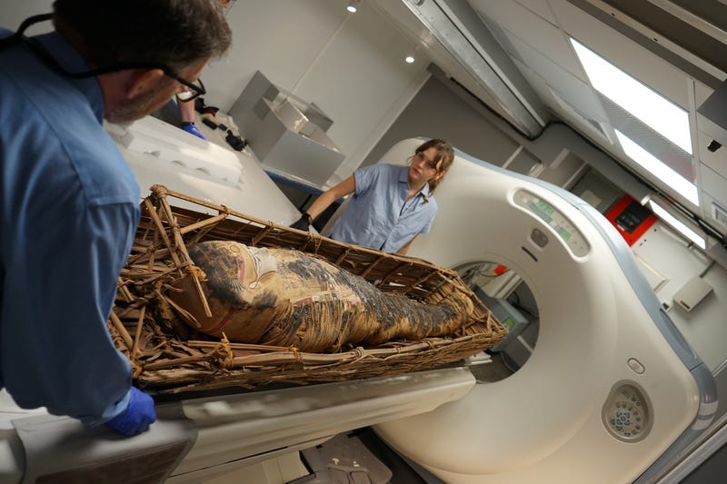 Field Museum researchers examine a mummy using a CT scan