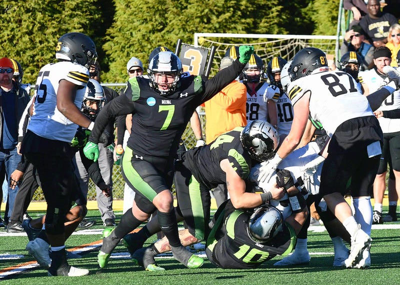 Delaware Valley senior defensive end Michael Nobile celebrates as the defense gets a tackle for loss on 3rd&1 to force a punt and set up the game-winning drive.