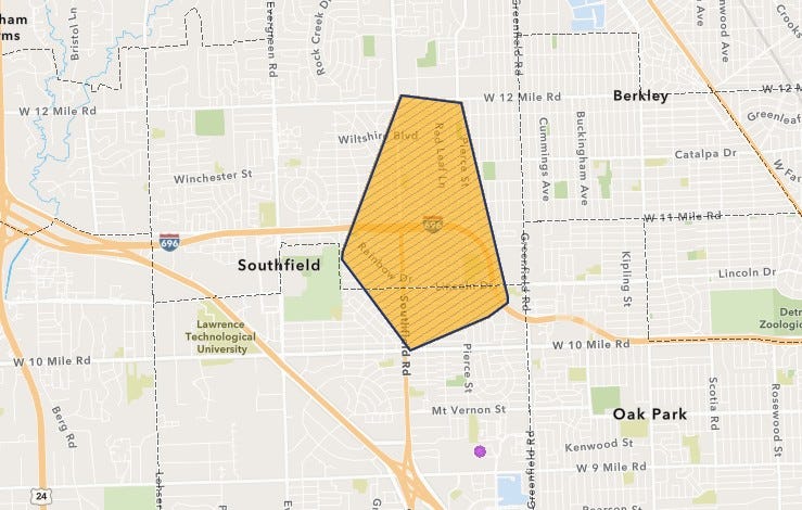DTE reported around 2,453 customers are without power Saturday afternoon after an outage showed a swatch of affected homes and businesses in Southfield.