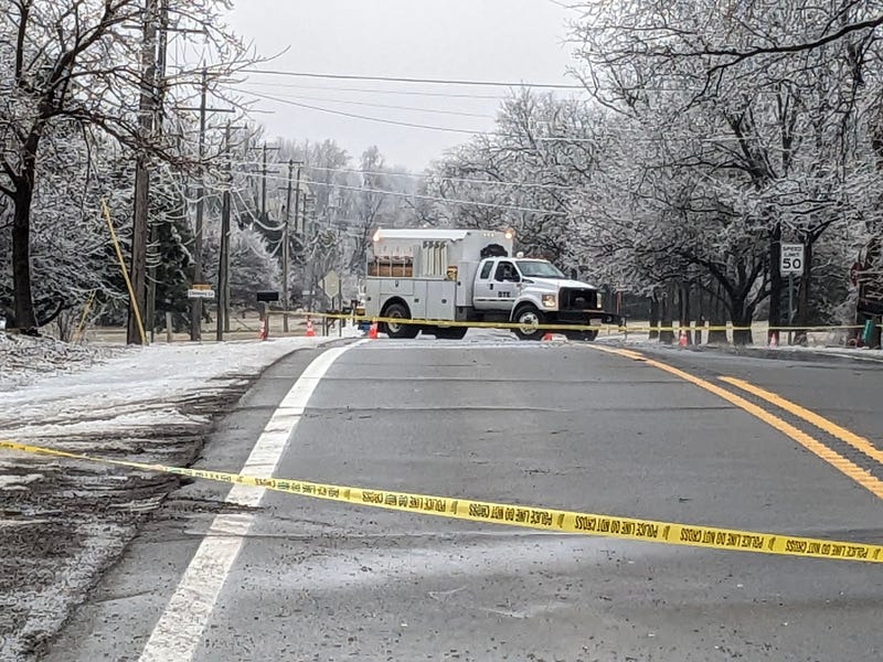A DTE Energy crew deals with down tree limbs and wires.