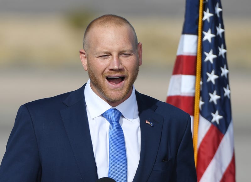 Republican congressional candidate and former professional wrestler Daniel Rodimer speaks during a rally for U.S. Vice President Mike Pence at the Boulder City Airport on October 8, 2020