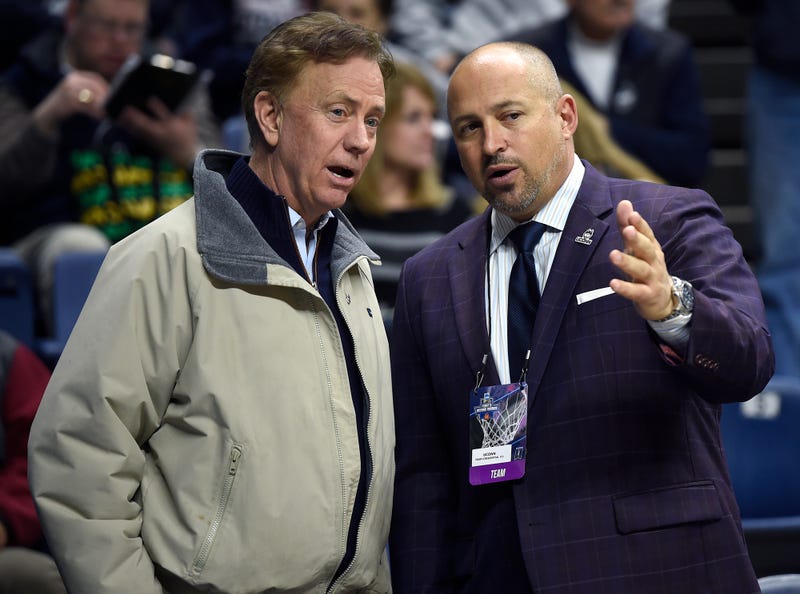 UConn director of athletics David Benedict, right, shows Connecticut Gov. Ned Lamont around Gampel Pavilion in Storrs, Conn., on Friday, March 22, 2019. (Photo by Brad Horrigan/Hartford Courant/TNS/Sipa USA)