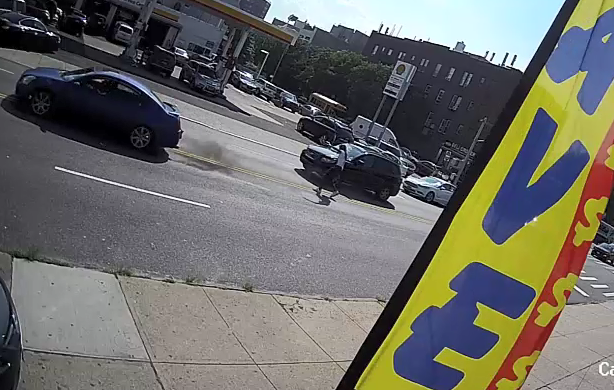 Video shows a gunman firing a hail of bullets at a blue car outside a gas station in Bushwick on July 28