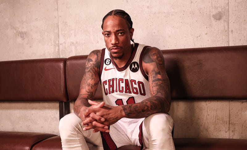 Demar DeRozan models the Bulls' new City Edition uniform.