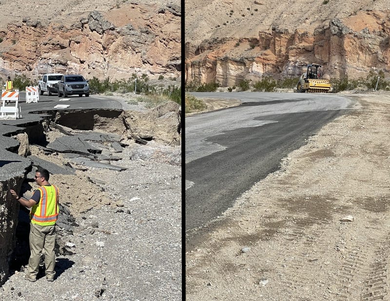 Photos showing damage and repair done to a road in Death Valley