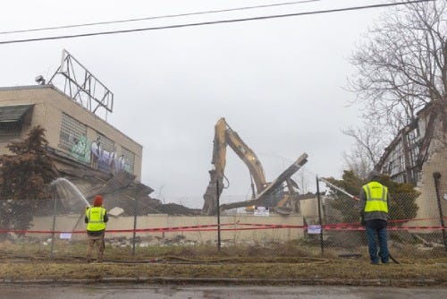 Crews from Detroit-based Adamo Group begin demolition on the La Choy factory.