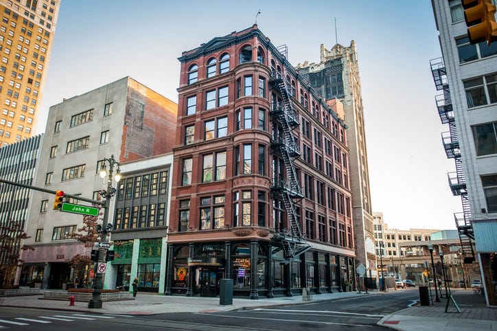 A line of buildings in Detroit show off city's architecture