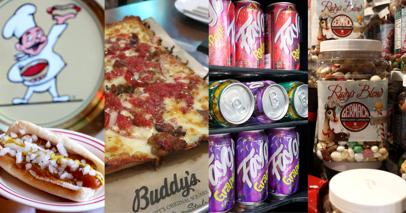 Mashup photo of Michigan junk foods. From left to right: Detroit National Coney Island hot dog, Buddy's Detroit-style pizza, Faygo pop cans, Germack nuts