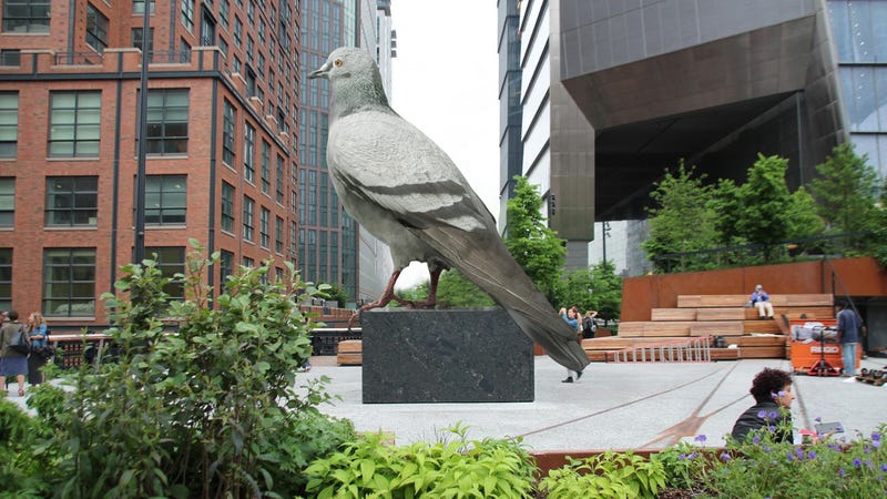 The sculpture's name pays homage to the pigeons' ancestors, the dinosaurs