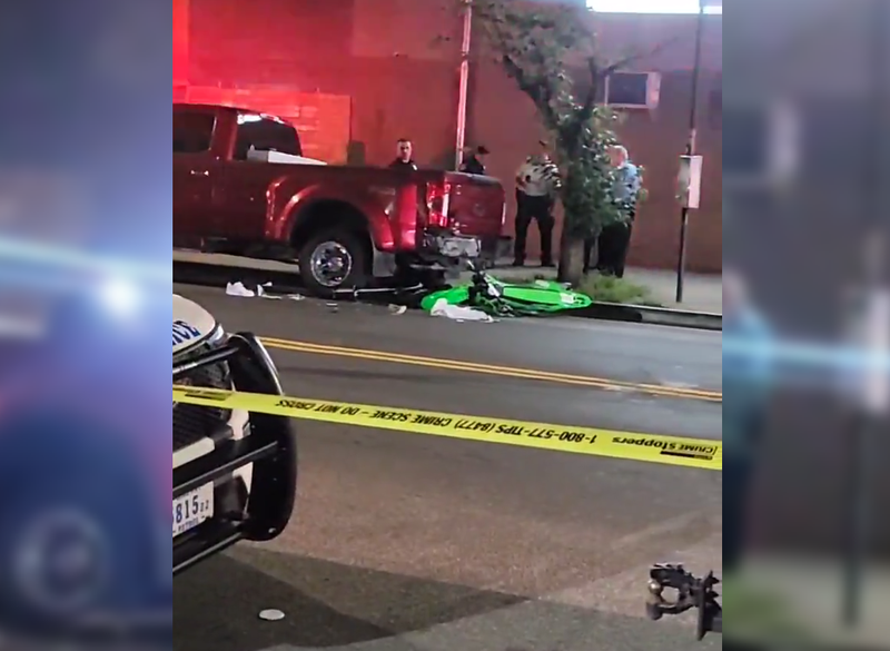 Video shows the overturned dirt bike next to the pickup truck