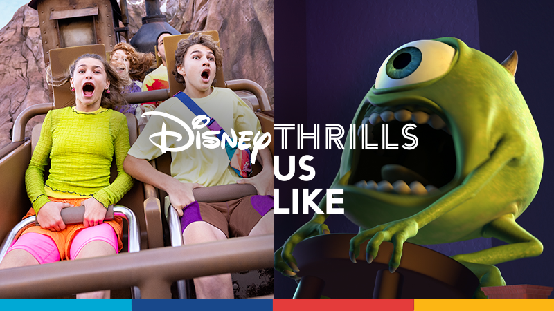 Riding rollercoaster and screaming Monsters Inc character