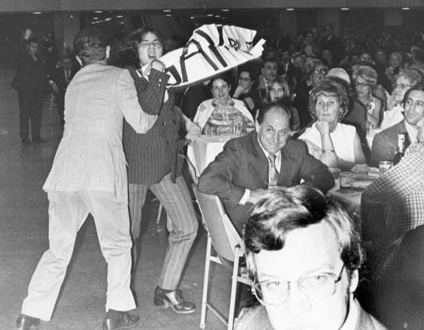 Mark Segal protesting at a re-elect Richard Nixon fundraising dinner. 