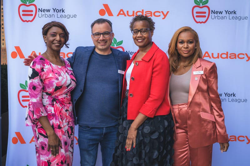 From left: Audacy's Sharon Barnes-Waters, and Chris Oliviero; NYUL's Arva Rice and Sandra Garcia at the NYUL Leadership Summit on April 20 at the Hard Rock Hotel in New York City.