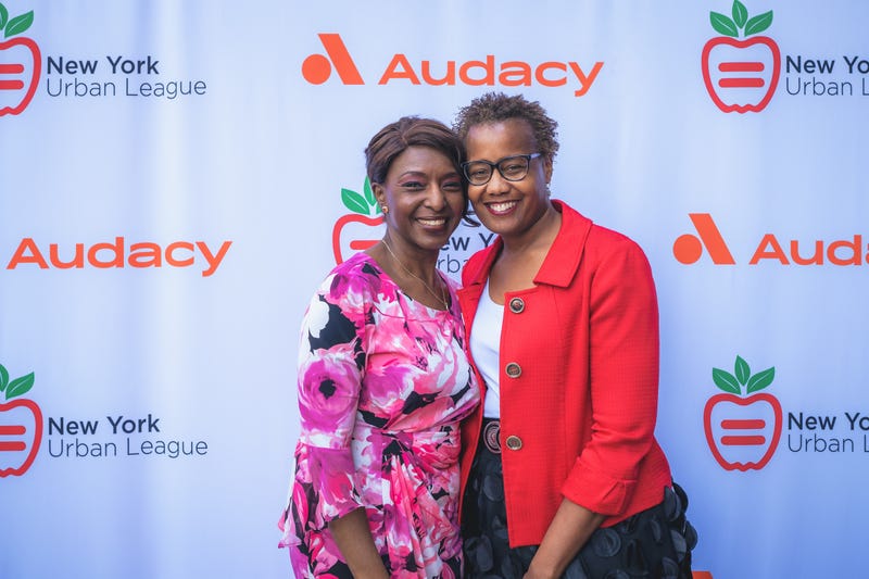 Chris Oliviero, President of the New York Market at Audacy, is flanked by 94.7 The Block Brand Manager Skip Dillard (left) and New York Urban League President/CEO Arva Rice (right) at the NYUL Leadership Summit on April 20, 2023 at the Hard Rock Hotel in New York City.