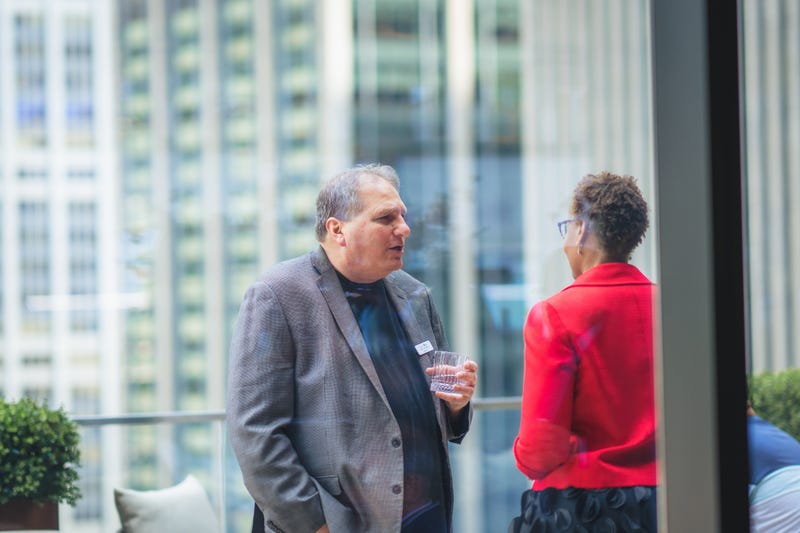 Ben Mevorach, Audacy's Vice President of New York News, and NYUL President/CEO Arva Rice chat ahead of panels at the NYUL Leadership Summit on April 20, 2023 at the Hard Rock Hotel in New York City.