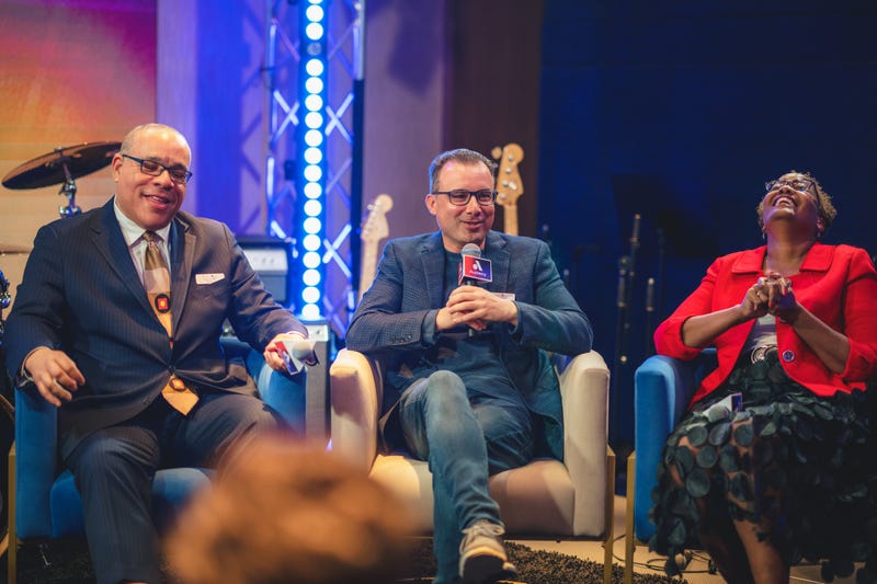 Chris Oliviero, President of the New York Market at Audacy, is flanked by 94.7 The Block Brand Manager Skip Dillard (left) and New York Urban League President/CEO Arva Rice (right) at the NYUL Leadership Summit on April 20, 2023 at the Hard Rock Hotel in New York City.