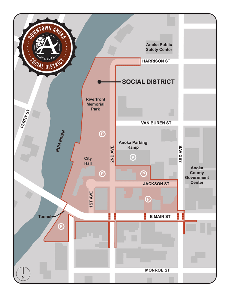 A map showing where Anoka's social district allows open containers of alcohol in the downtown area.