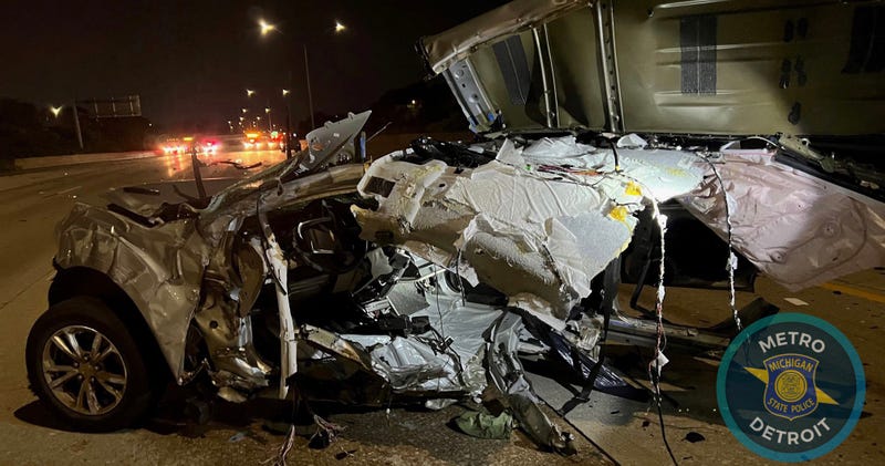 Dodge Challenger destroyed after slamming into crashed vehicles on I-696