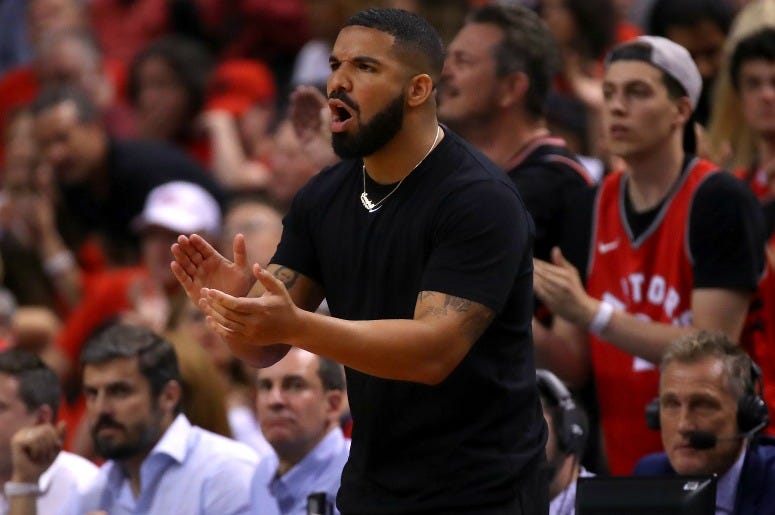 Drake reacts in the first half during Game Five of the 2019 NBA Finals
