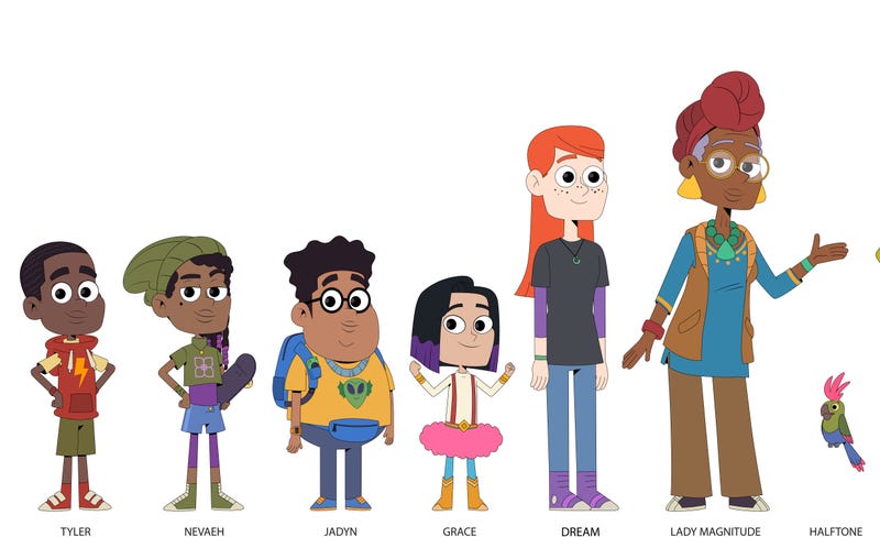 drawing of 7 cartoon characters -- four kids, two adults, one parrot.