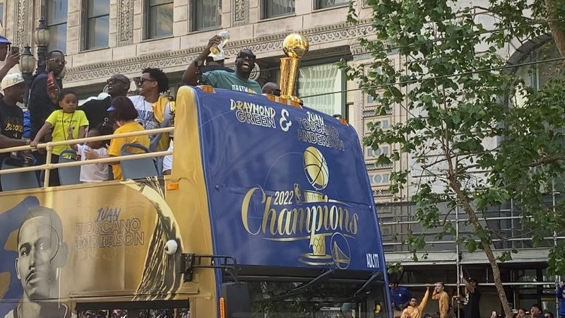 Draymond Green celebrates during Warriors' championship parade in San Francisco on Monday, June 20, 2022.