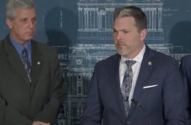 Republican State Senator Steve Drazkowski (Mazeppa) and Senate Minority Leader Mark Johnson (East Grand Forks) announcing a new ethics complaint against Sen. Nicole Mitchell (DFL- Woodbury),