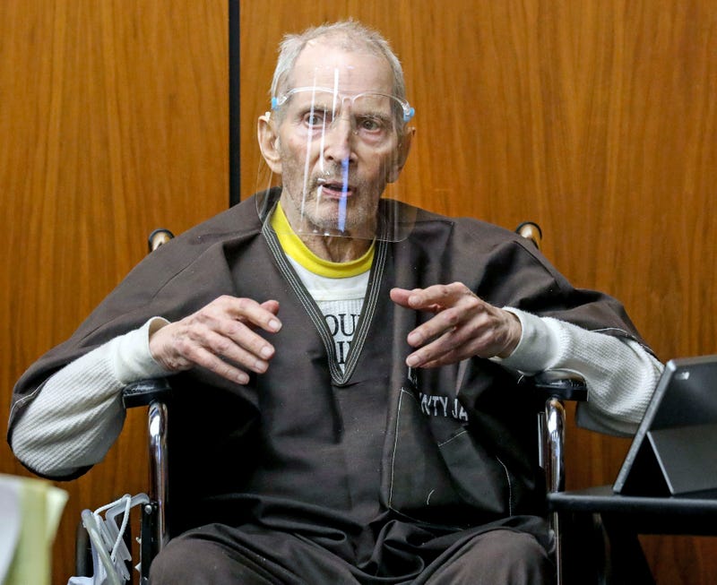 FILE - In this Monday, Aug. 9, 2021, file photo, New York real estate scion Robert Durst, 78, answers questions from defense attorney Dick DeGuerin, while testifying in his murder trial at the Inglewood Courthouse in Inglewood, Calif. The sentencing of Durst will be comparatively brief compared to his murder trial that stretched over the better part of two years. The New York real estate heir faces a mandatory term of life in prison without parole Thursday, Oct. 14 for the first-degree murder of his best friend, Susan Berman