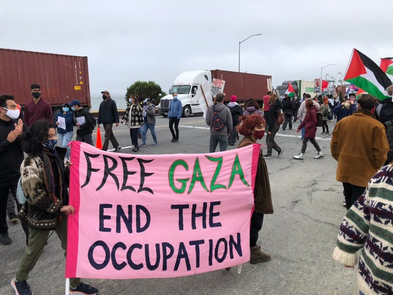 Pro-Palestinian protesters marching at the Port of Oakland