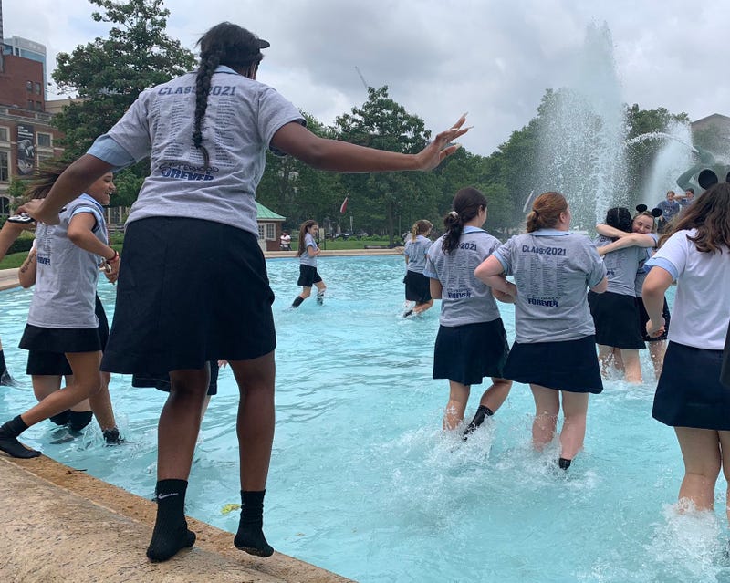 Hallahan High students jump in Logan Square fountain