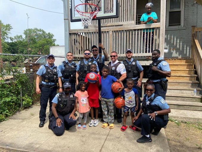 Chicago police officers noticed a group of children in the neighborhood playing basketball using a milk crate as their hoop. The officers saw an opportunity to help the kids with their game, so they got together to buy them a new hoop and basketballs.