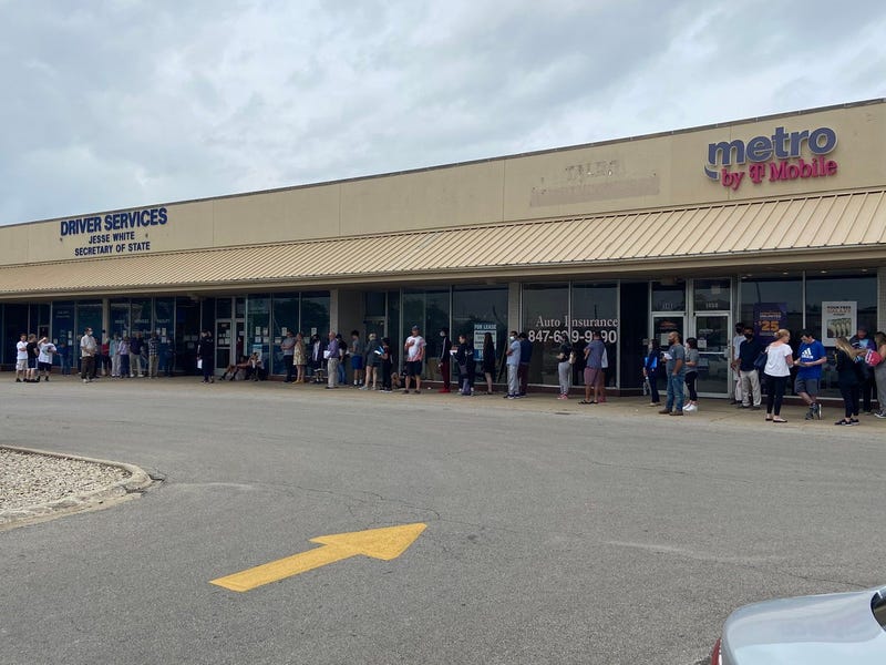 A long line at the Illinois Secretary of State office in Des Plaines