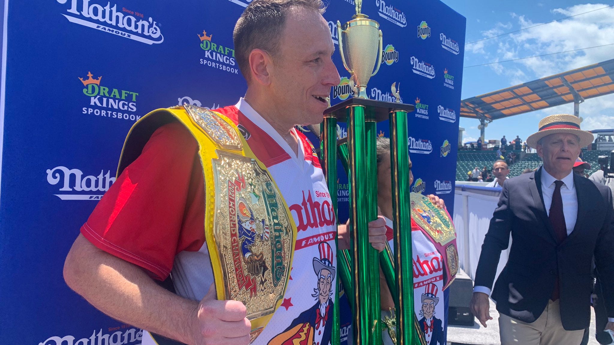 Joey Chestnut eats a record-breaking 76 hot dogs to win Nathan's contest
