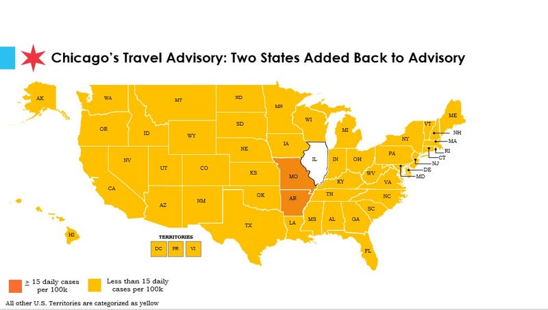 After several weeks with no states on its COVID-19 travel advisory, the Chicago Department of Public Health has added two states back on the list amid an increase in COVID-19 cases in some regions of the country.