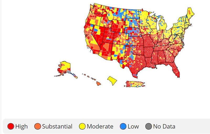 Map of the United States with color-coded transmission rates. 