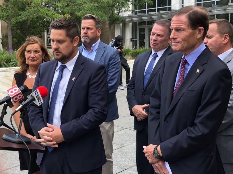 Brett Eagleson speaks at a news conference outside Hartford City Hall, 9/13/19.