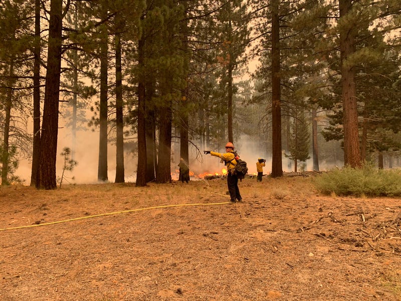 Firefighters battle Caldor Fire flames along Highway 89 in South Lake Tahoe.