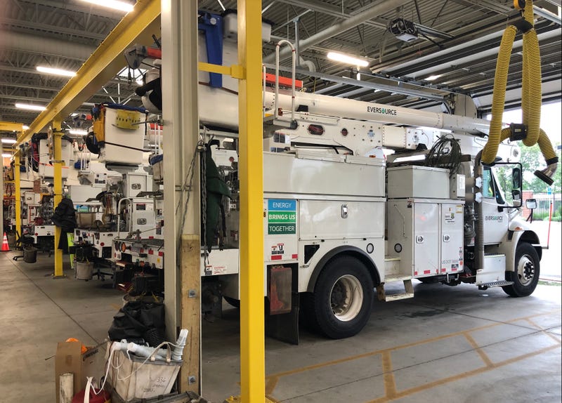 Eversource bucket trucks garaged in Hartford, 7/8/21