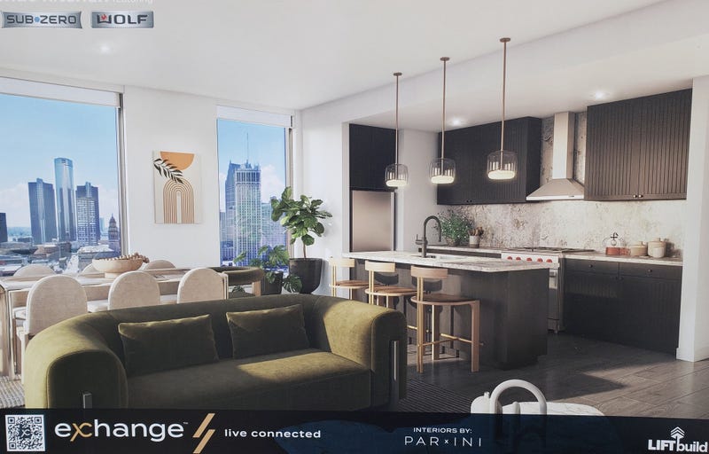 Rendering of room inside The Exchange in downtown Detroit