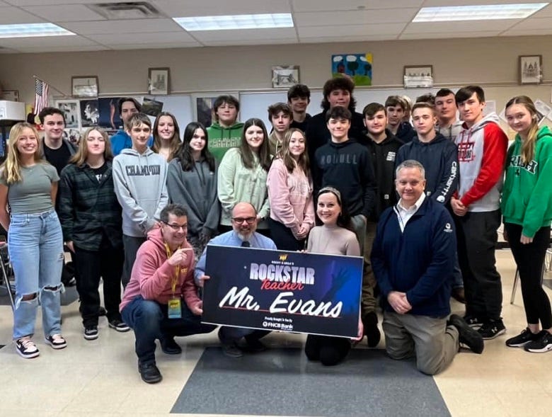 Rockstar Teacher Mr. Evans, Rocky & Lissa and students