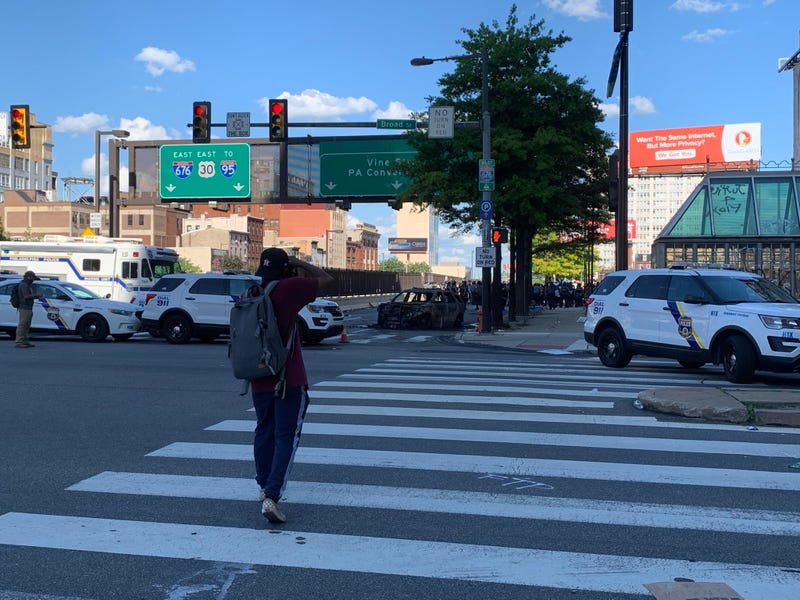 A car was set on fire on the Vine Street Expressway on May 30, 2020.
