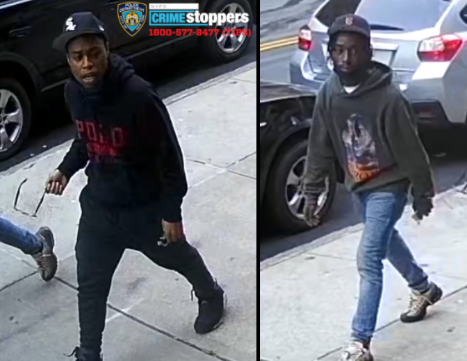 Police are searching for two suspects after two men were shot and a third was robbed at a bodega in East Harlem on Aug. 28