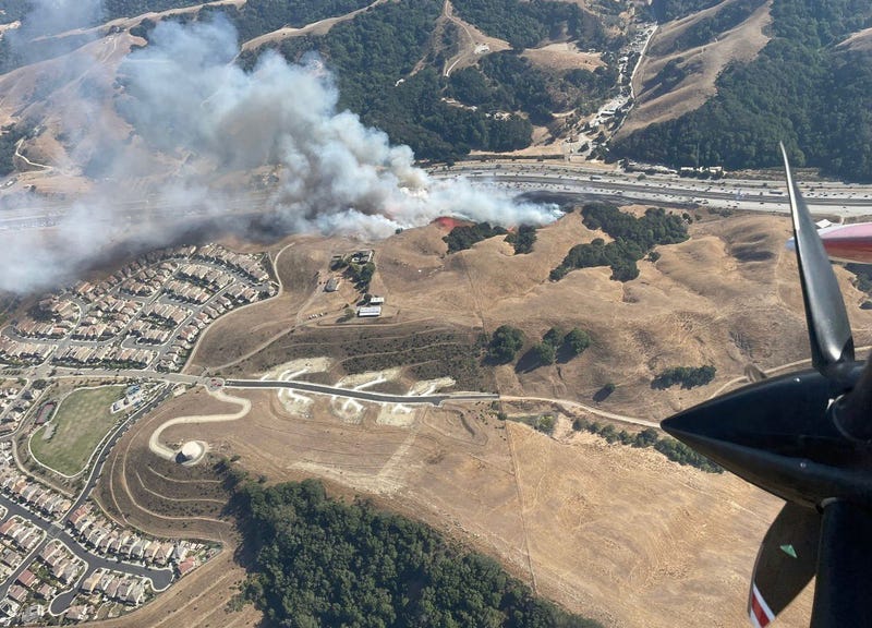 Overheard shot of fire burning near Interstate 580 in Castro Valley on Monday, Aug. 15, 2022.