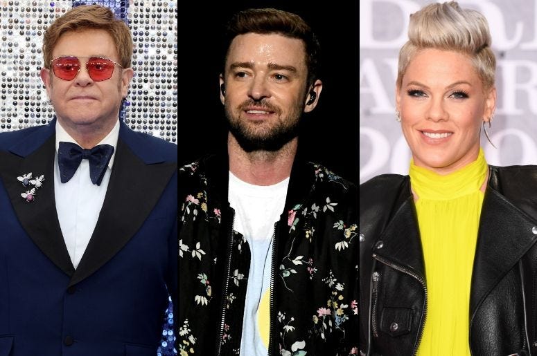 Elton John, JUstin Timberlake, and Pink