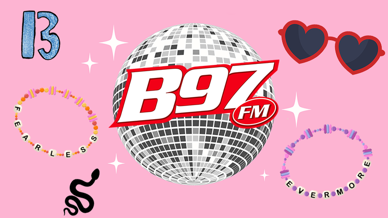 Eras icons: friendship bracelets, rep snake, heart glasses and B97 logo on disco ball
