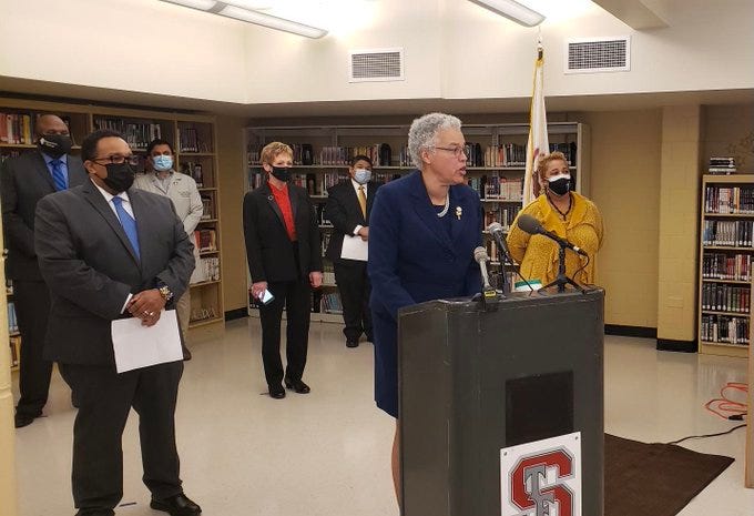 Elected officials and school officials gathered Wednesday at Thornton Fractional South High School to inaugurate the Cook County’s first educational mass coronavirus vaccination site.