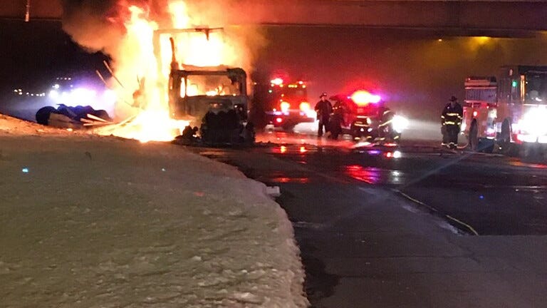 Semi truck catches fire on Bishop Ford, inbound lanes closed at 130th