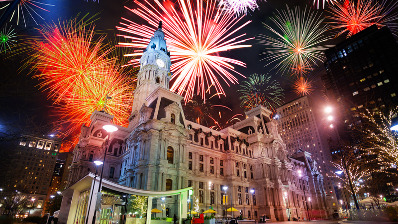 City hall in Philadelphia, PA, USA and fireworks - stock photo