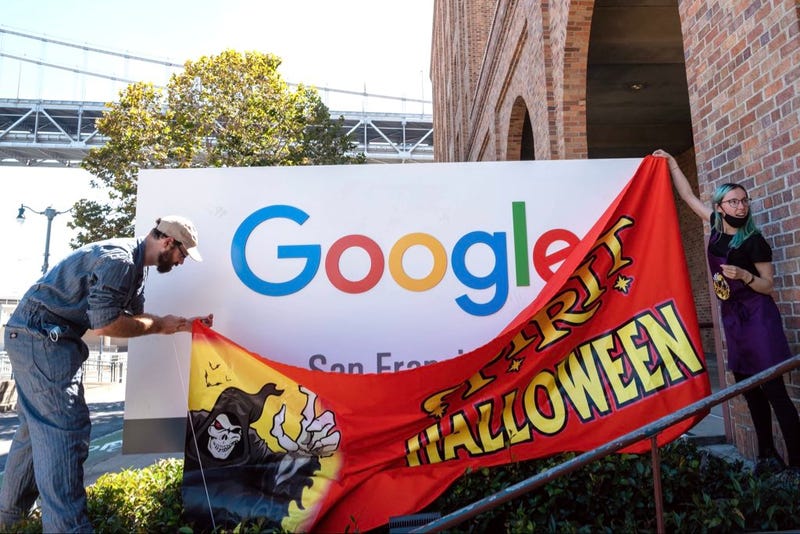 The team of internet pranksters put up a fake "Spirit Halloween" sign over the Google sign in San Francisco.