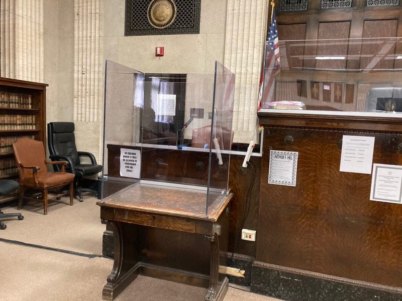 A Cook County courtroom was modified for social distancing in the county's first in-person jury trial in a year.